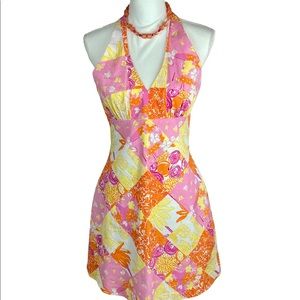 Lilly Pulitzer Floral, Owl, Bee Patchwork Halter MIDI  Dress